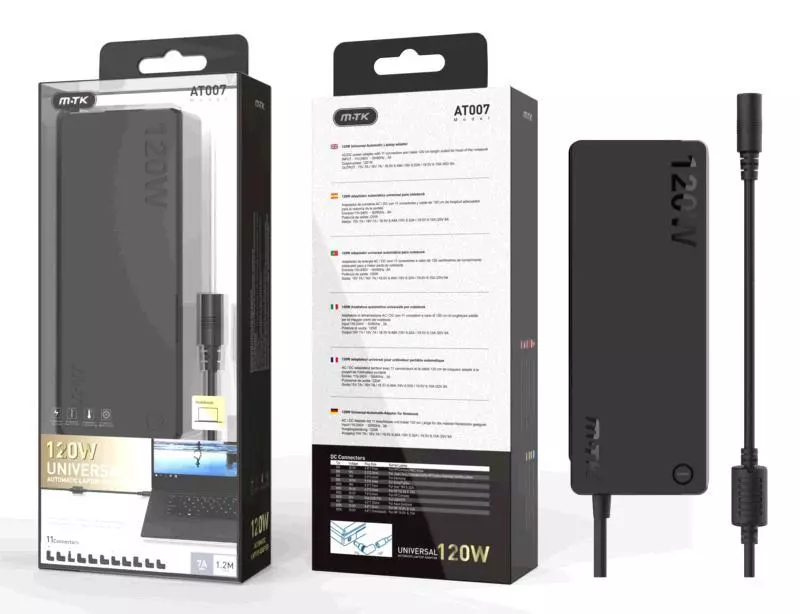 Cargador para port&aacute;til universal autom&aacute;tico 120W / 11 conectores / 1.2m / AT007 / Mtk