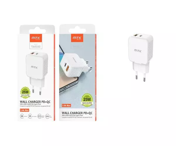 Cargador de red Usb + Type-C / 25W / Blanco / TA0332 / MTK