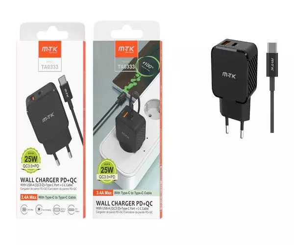 Cargador de red Usb + Type-C + Cable Type-C / 25W / Negro / TA0333 / MTK