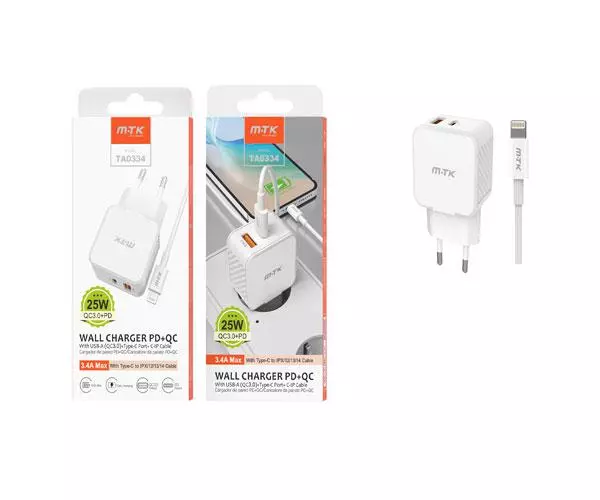 Cargador de red Usb + Type-C + Cable Type-C a Lightning Iphone 8-14 / 25W / Blanco / TA0334 / One+