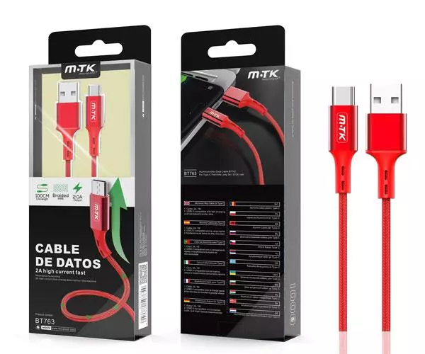 Cable datos USB 2.0 a Type-C / 1m / 2.4a / Aluminio / Trenzado / Bt763 / Rojo / MTK