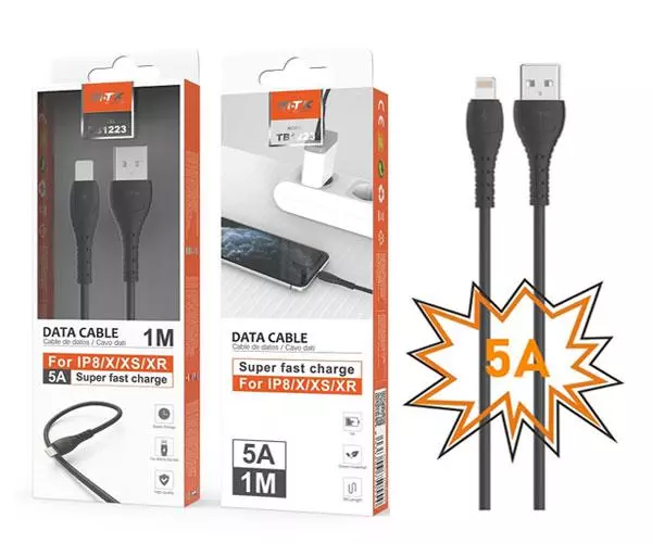 Cable datos USB 2.0 a Lightning iPhone X /12/13/14 / 1m / 5a / Carga rapida / Tb1223 / Negro / Mtk