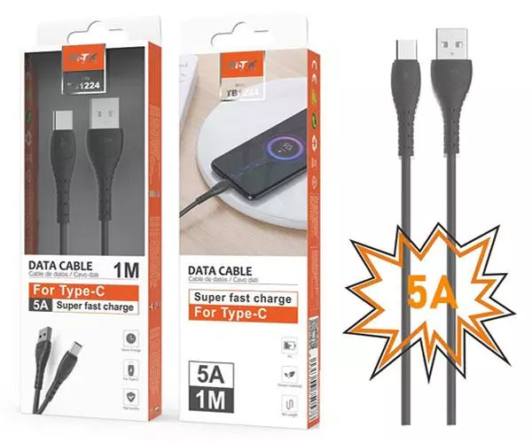 Cable datos USB 2.0 a Type-C / 1m / 5a / Carga rapida / Butter TB1224 / Negro / Mtk