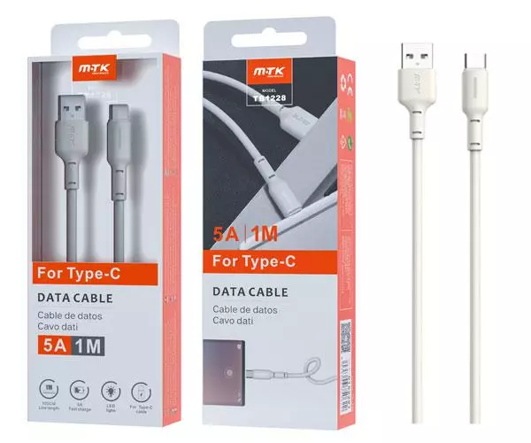 Cable datos USB 2.0 a Type-C / 1m / 5a / Carga rapida / Indicador de carga / TB1228 / Blanco  / Mtk