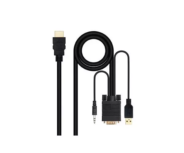 Cable adaptador HDMI a VGA + Audio + USB (Cables 1.8 Metros) Negro / Nanocable 10.15.4350