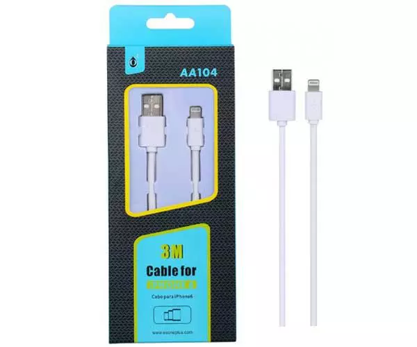 Cable datos USB 2.0 a Lightning iPhone 5-12 / 3m / 2.4a / AA104  / Blanco / One+