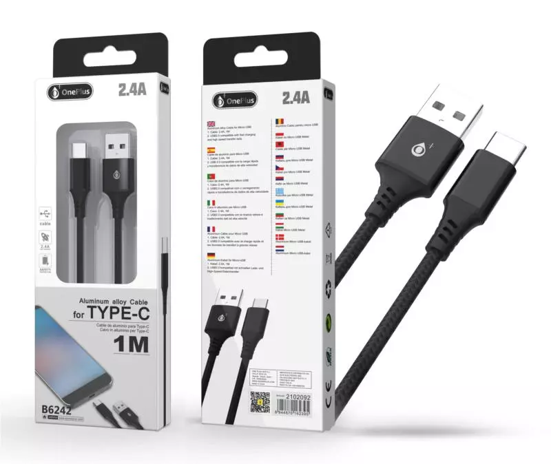 Cable datos USB 2.0 a Type-C / 1m / 2.4a / Aluminio / B6242 / Negro / One+