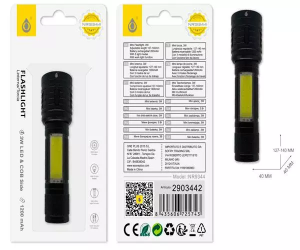 Linterna LED NR9344  / luz lateral / funcion zoom / 3 modos de luz / Bateria recargable 1200mAh / Negro