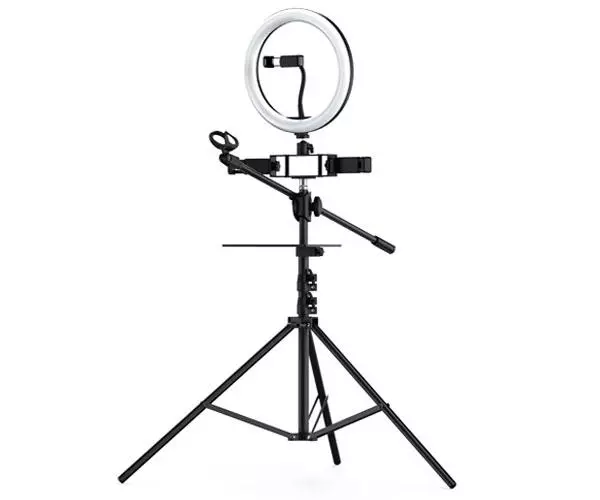 Anillo de Luz Led 26cm + Tripode Con 3 Soportes Movil + 1 Microfono Nr9103 3 modos de luz  26w  Negro / 2901032