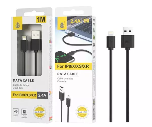 Cable datos USB 2.0 a Lightning IPhone 5-14 / 1m / 3.4a / AA101 / Negro / One+