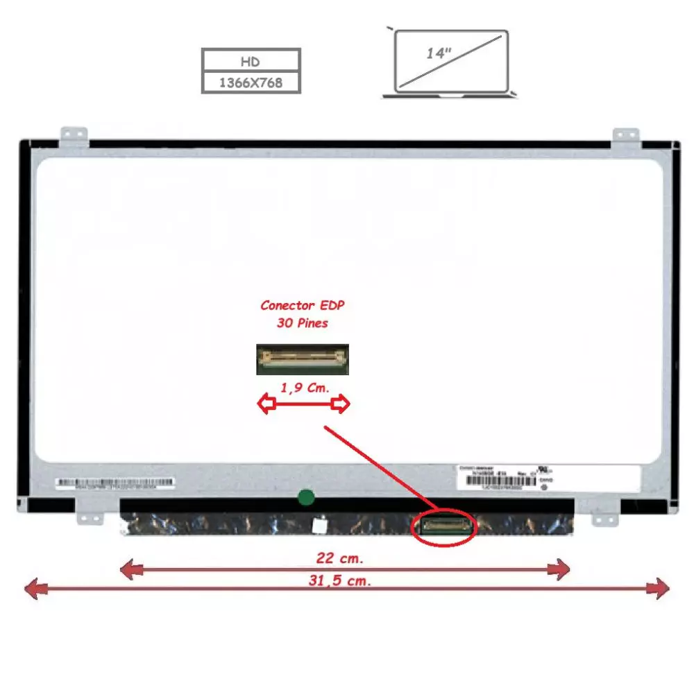 Pantalla para port&aacute;til LED 14" Slim 30 Pines 1366X768 Ancho 315mm