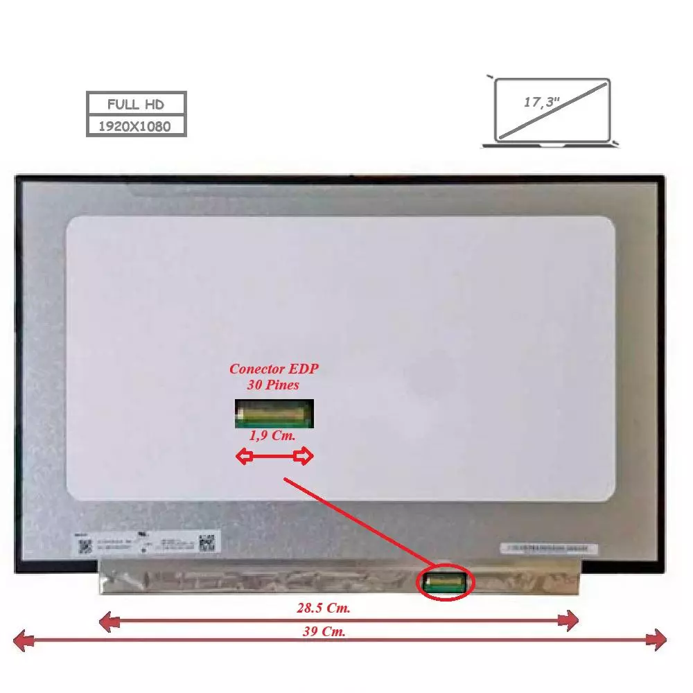 Pantalla para port&aacute;til LED 17.3" Slim 30 Pines Full HD Sin Brackets