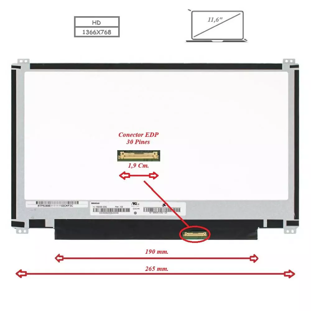 Pantalla para port&aacute;til LED 11.6" Slim 30 Pines Brackets superior e inferior (al borde)