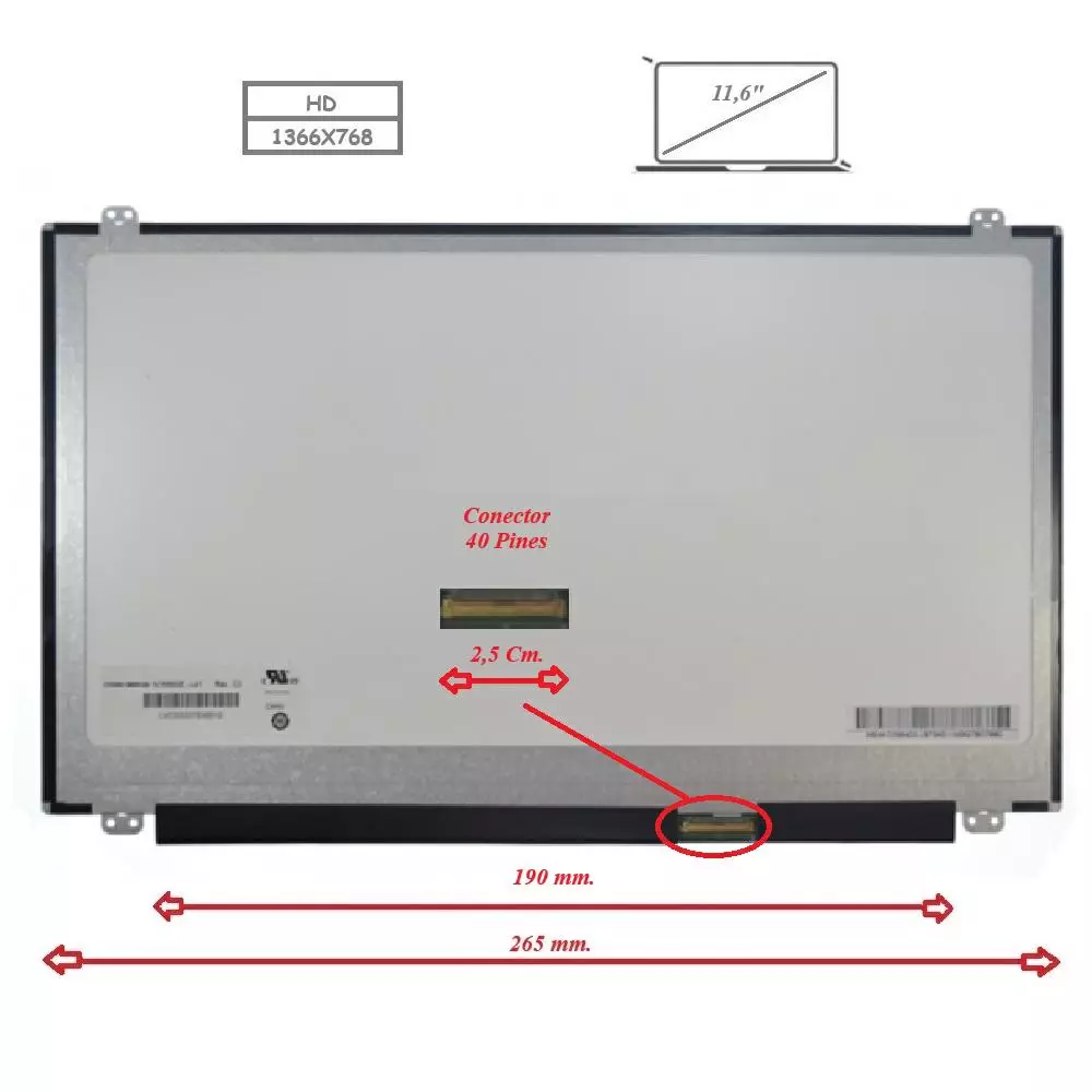 Pantalla para port&aacute;til LED 11.6" Slim 40 pines Bracket superior