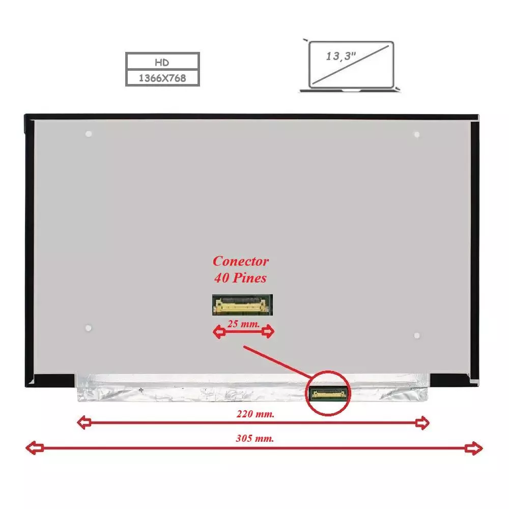 Pantalla para port&aacute;til LED 13.3" Slim 40 pines WXGA sin brackets
