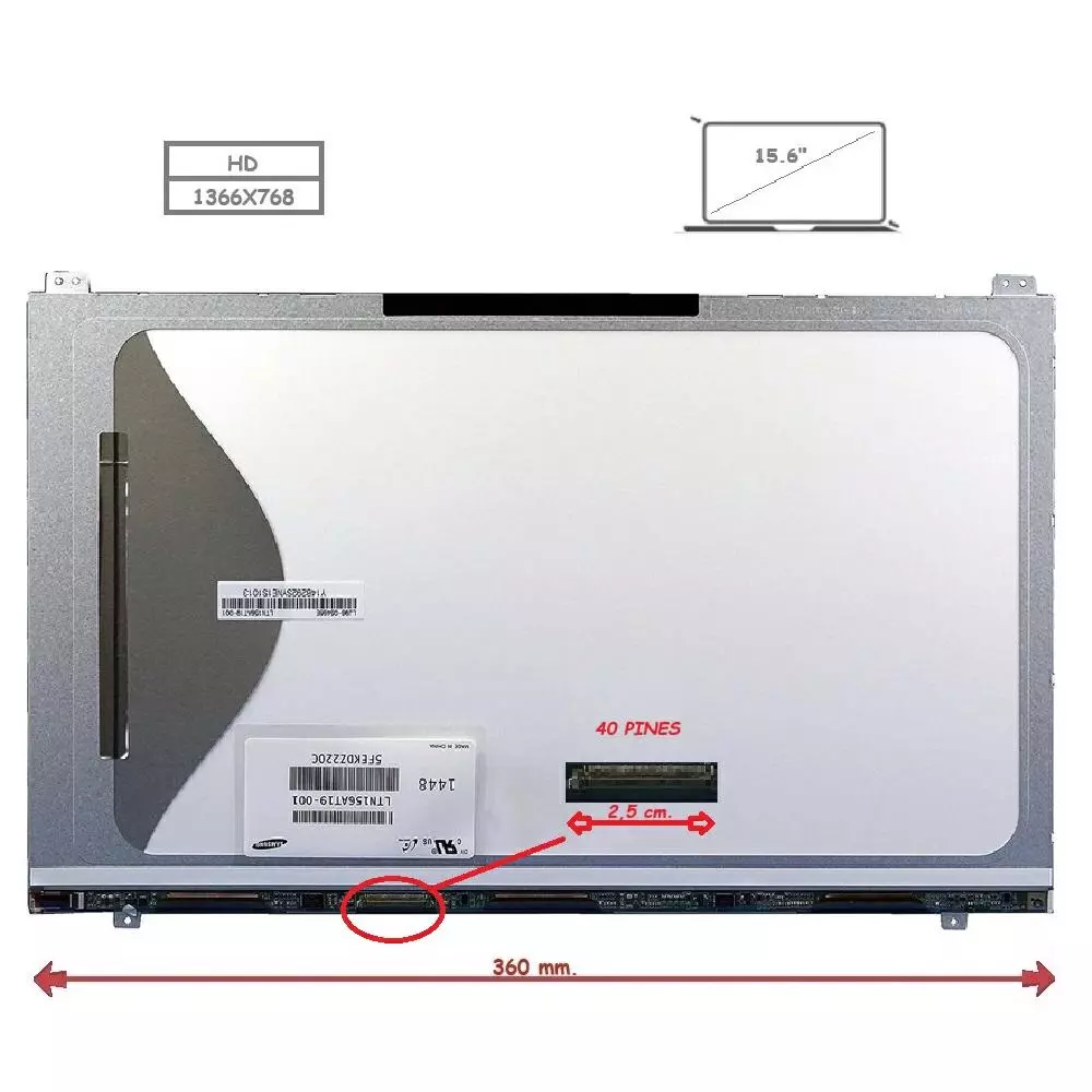 Pantalla para port&aacute;til LED 15.6" Slim 40 pines WXGA 4 brackets