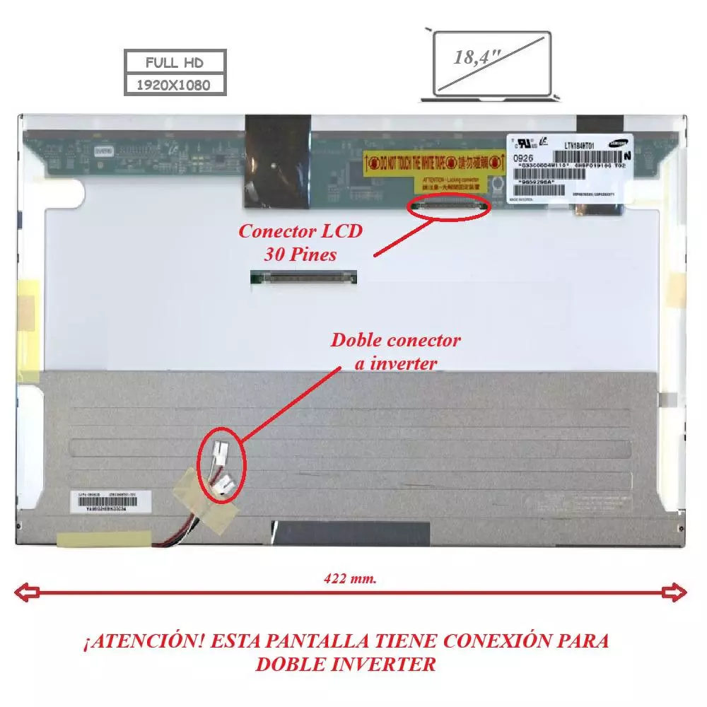 Pantalla para port&aacute;til LCD 18.4" 30 pines Full HD doble lampara