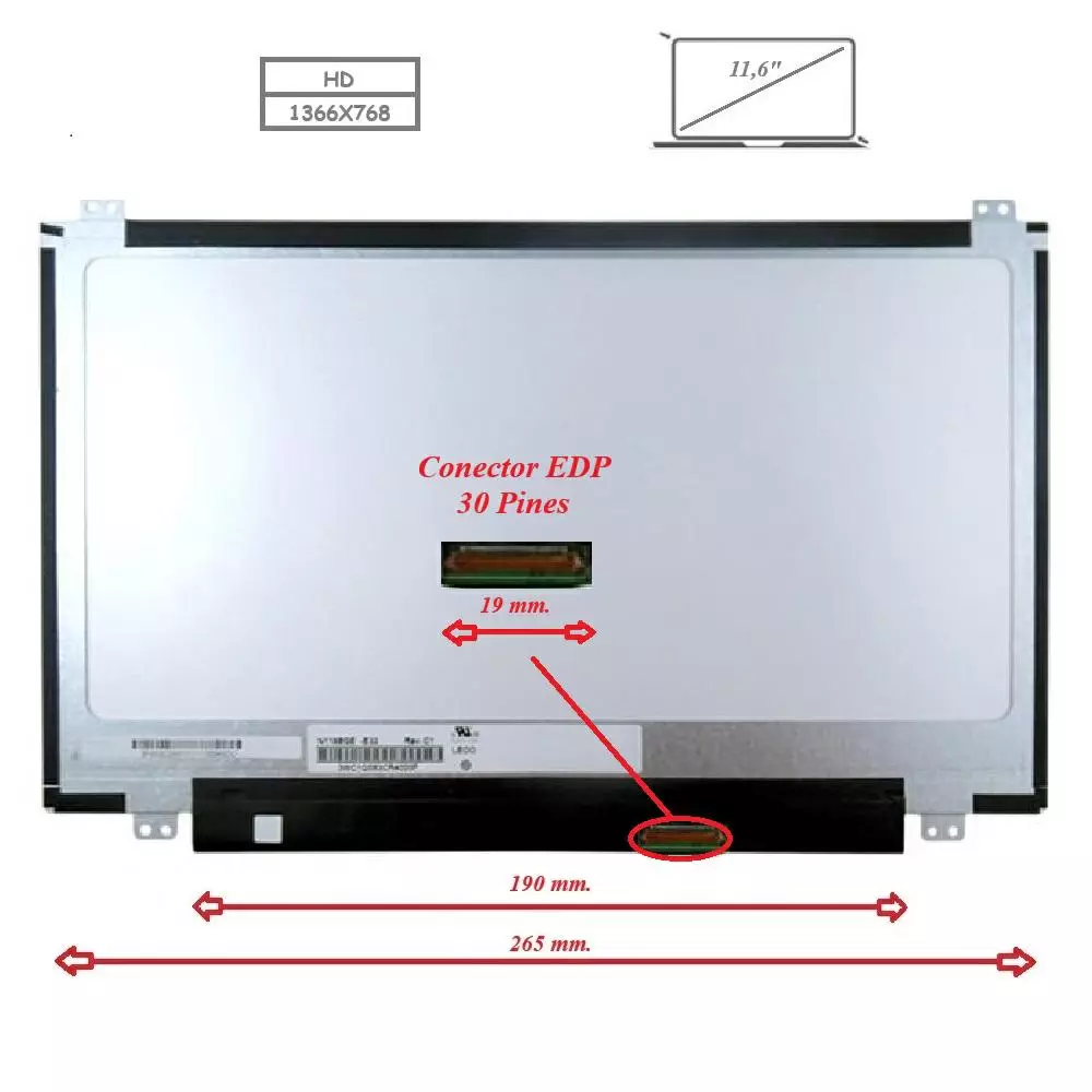 Pantalla para port&aacute;til LED 11.6" Slim 30 Pines WXGA Brackets superior e inferior