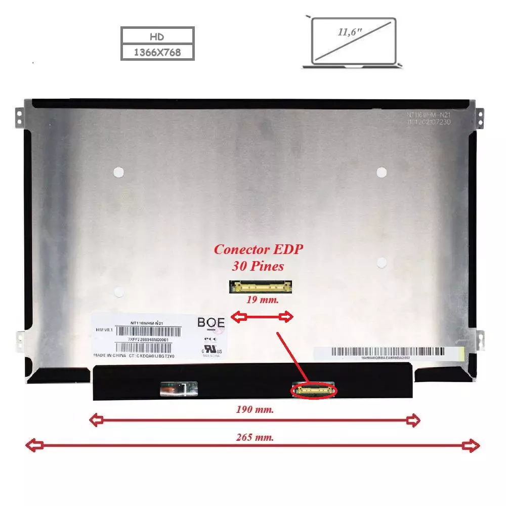 Pantalla para port&aacute;til LED 11.6" Slim 30 Pines WXGA Brackets laterales