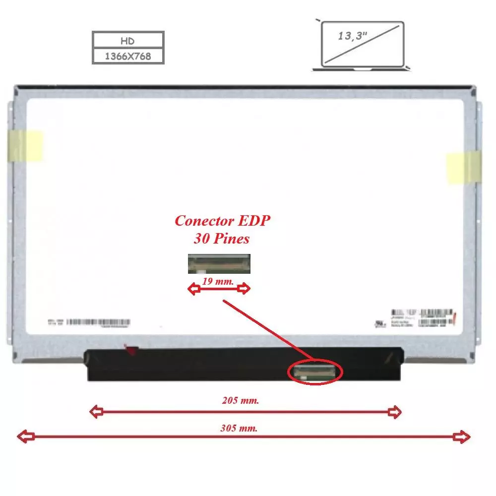 Pantalla para port&aacute;til LED 13.3" Slim 30 Pines WXGA Brackets alargados