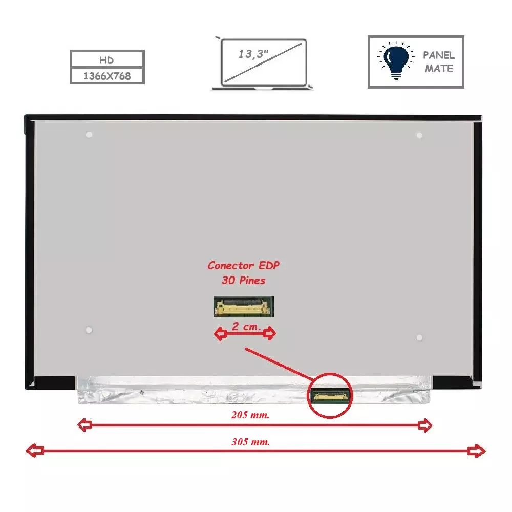 Pantalla para port&aacute;til LED 13.3" Slim 30 Pines WXGA Sin Brackets Mate