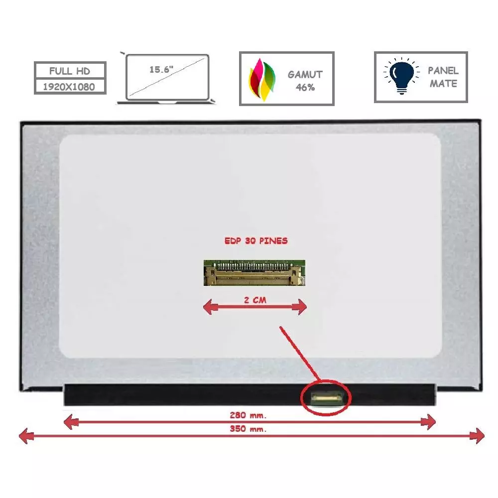 Pantalla para port&aacute;til LED 15.6" Slim 30 Pines Full HD Sin Brackets Gamut 46% Mate