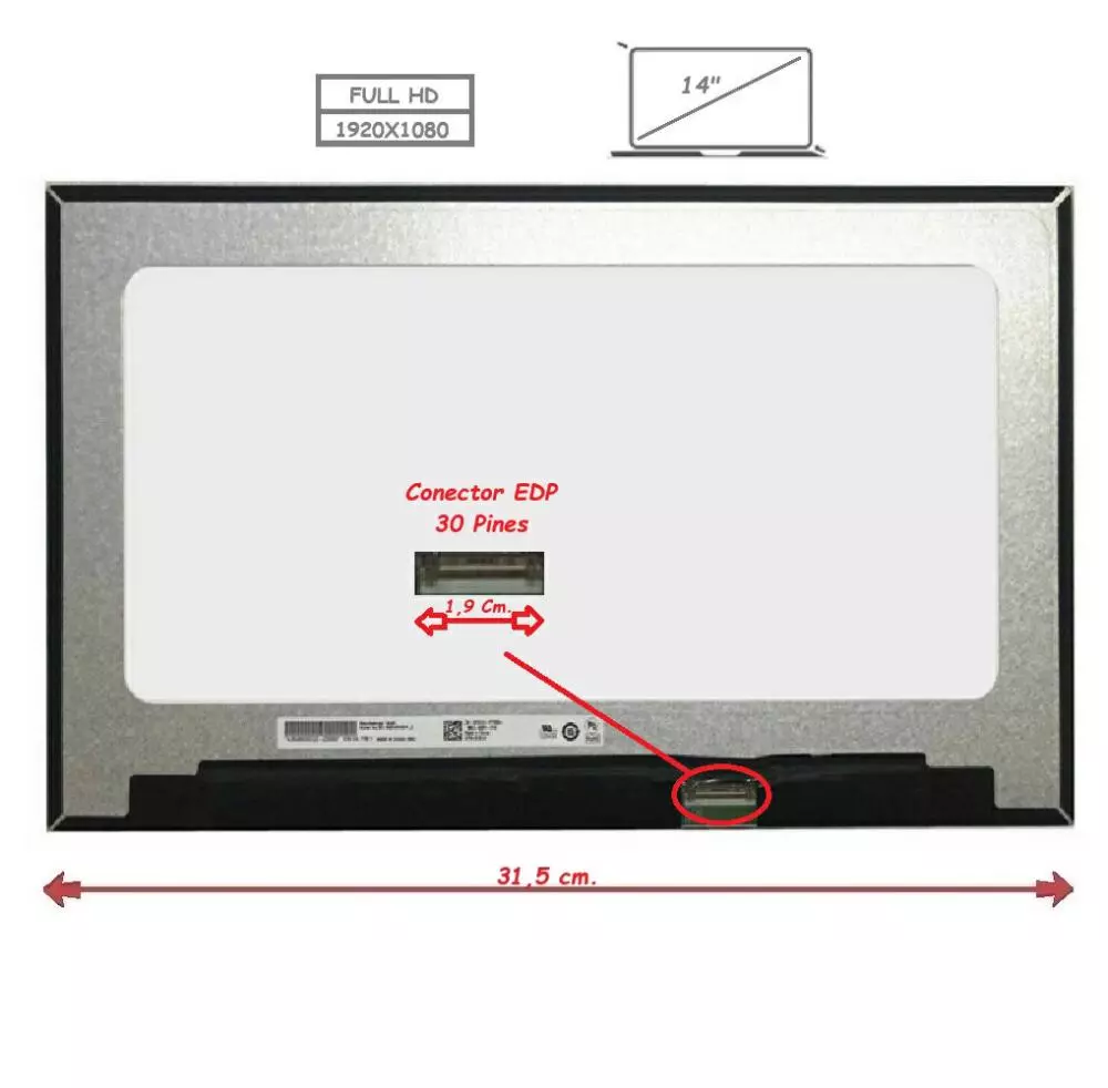 Pantalla para port&aacute;til LCD 14" 30 pines Full HD / Sin reborde /  Sin brackets