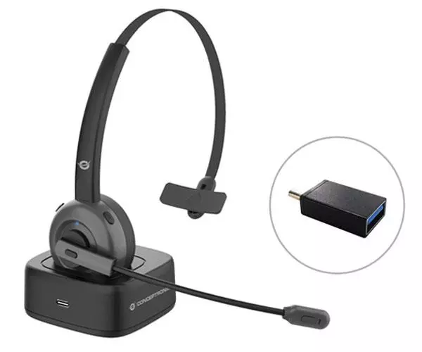 Auricular Bluetooth Conceptronic POLONA03BD / Base de carga / Bt 5.0 / Cancelacion de ruido / Microfono giratorio