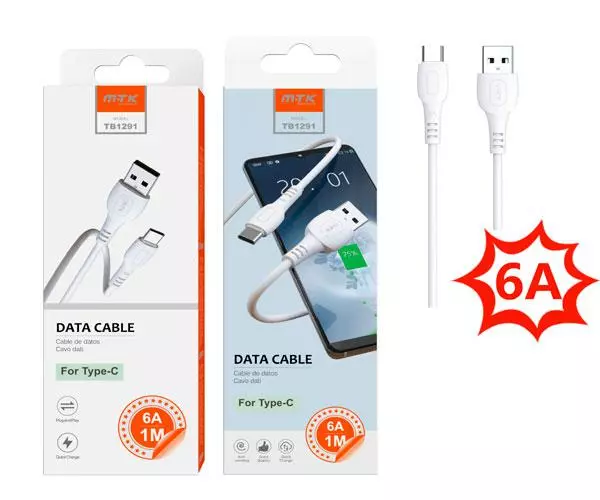 Cable datos USB 2.0 a Type-C / 1m / 6a / TB1291 / Blanco / One+