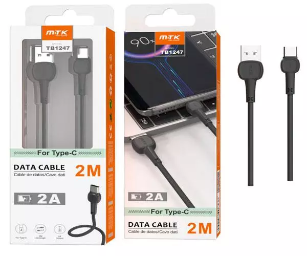 Cable Datos USB 2.0 a Type-C / 2m / 2.4a / TB1247 / Negro / One+