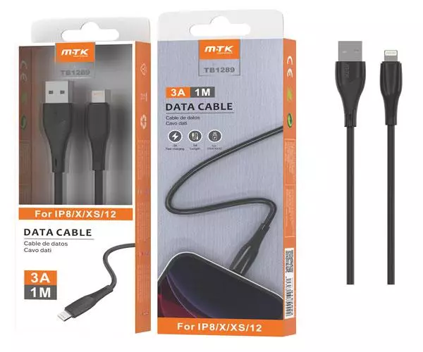 Cable datos USB 2.0 a Lightning iPhone 5-12 / 1m / 3a / Tb1289 / Negro / Mtk